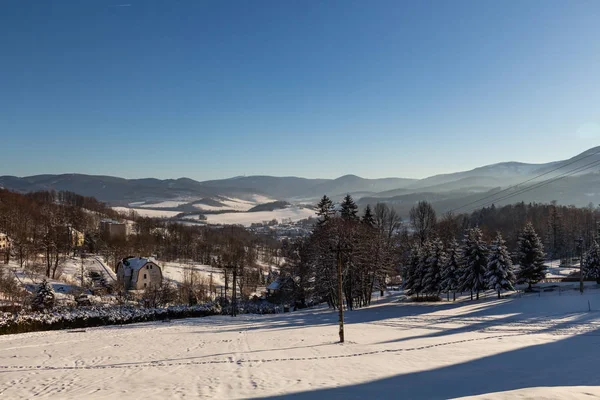 Orman ile kış Panorama peyzaj, ağaçlar kar ve gündoğumu kaplı. Yeni bir günün kış sabahı. günbatımı ile kış manzara, panoramik görünüm