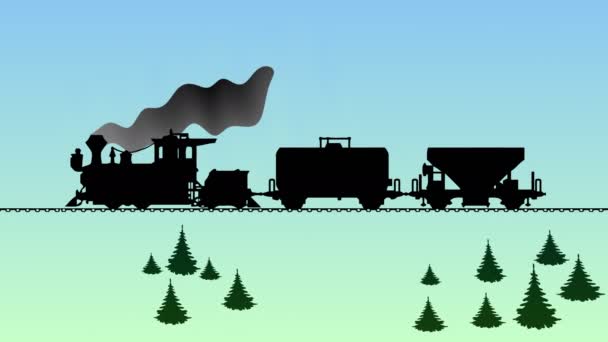 Tren Mueve Través Del Campo Arbolado Vídeo Dibujos Animados — Vídeo de stock
