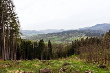 Fantastik sabah dağ manzara, yüksek yeşil dağların manzarası, bulutlar ile mavi gökyüzü, güzellik dünya.