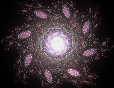 Soyut fraktal kırmızı arka plan ile kesişen daireler ve oval.