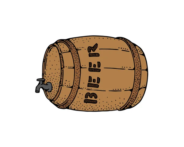 Wooden barrel with a tap, sketch style vector illustration isolated on white background. Side view of a classical wooden barrel with beer. — Stock Vector