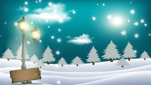 Merry Christmas Geanimeerde Kerstkaart Met Glanzende Maan Mooie Wolken Sneeuwvlokken — Stockvideo