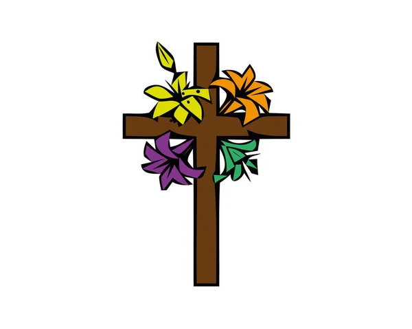 La ilustración en pintura de estilo vidriera sobre temas religiosos, vidriera en forma de cruz cristiana decorada con flores aisladas sobre fondo blanco . — Archivo Imágenes Vectoriales