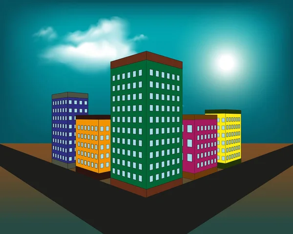Векторная иллюстрация ночного города со зданиями, облаками и луной на небе. Фон в плоском стиле. Силуэт горизонта с жёлтыми окнами. Ночной вид для баннера, веб-дизайна . — стоковый вектор