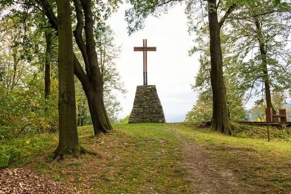 Croix religieuse chrétienne en bois sur fond d'arbres verts — Photo