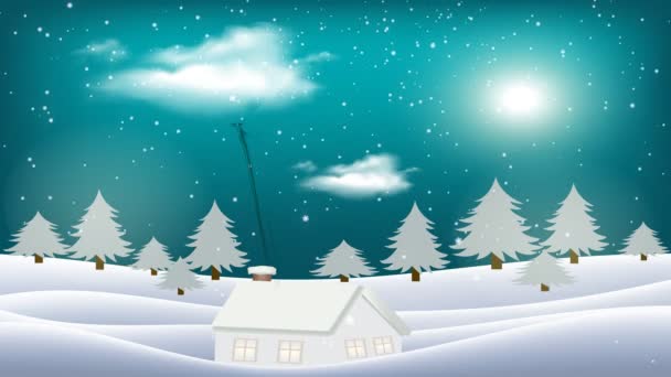 輝く月と空の雲と雪の夜に凍結風景の牧草地に喫煙煙突や木と居心地の良い素朴な家 4Kでレンダリングされた装飾3Dアニメーション — ストック動画