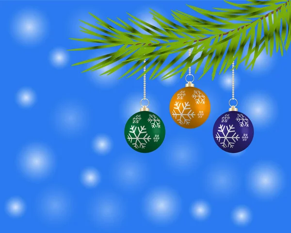 Fondo de Navidad ligero con tres bolas de noche de vacaciones y rama de abeto verde . — Vector de stock