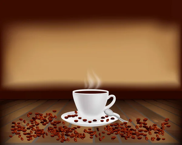 Чашка Парящего Кофе Деревянном Фоне Кофейные Зерна Расположены Темно Коричневом — стоковый вектор