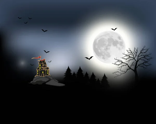 Halloween Spooky Black Vector Scenery Background Night Image Full Moon — Stock Vector