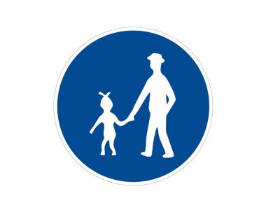 Komuta yolu işareti. Yaya yolu, patika, yol işareti, vektör ikonu. Mavi daire düğmesi. Beyaz insan silueti.
