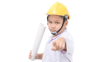 Angry kid engineer wearing protective helmet with a construction drawing isolated on white background clipart