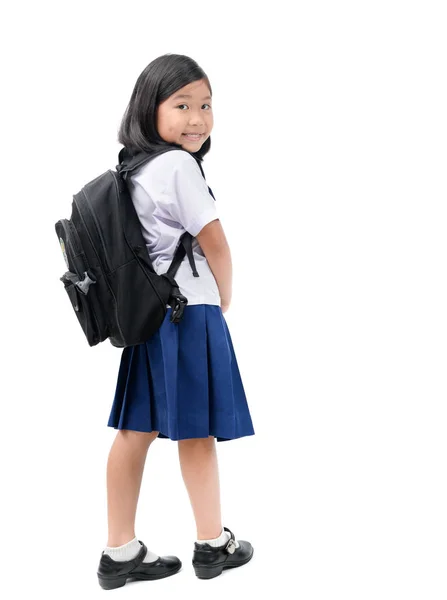 Asiática Chica Estudiante Con Escuela Bolsa Aislado Blanco Fondo Volver —  Fotos de Stock