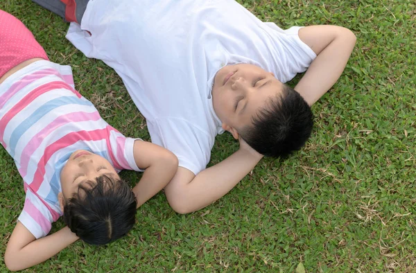 Brother Sister Sleep Green Grass Top View Healthy Concept — Stock Photo, Image