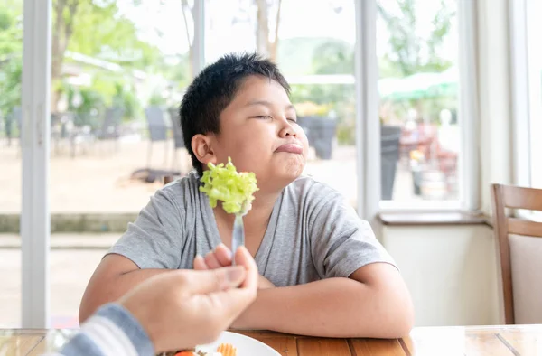 拒否する食品のコンセプトに対する嫌悪感の表現と肥満脂肪の少年 — ストック写真