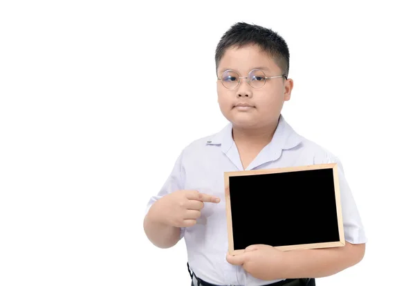 Asiatische Fett Student Hält Leere Tafel Isoliert Auf Weißem Hintergrund — Stockfoto