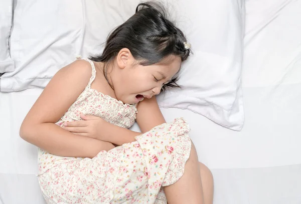 Asian Child Suffering Stomachache Lying Bed Diarrhea Healthy Concept — Stock Photo, Image