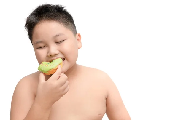 Obézní Tlustý Chlapec Těšit Jíst Kobliha Izolovaných Bílém Pozadí Nezdravé — Stock fotografie