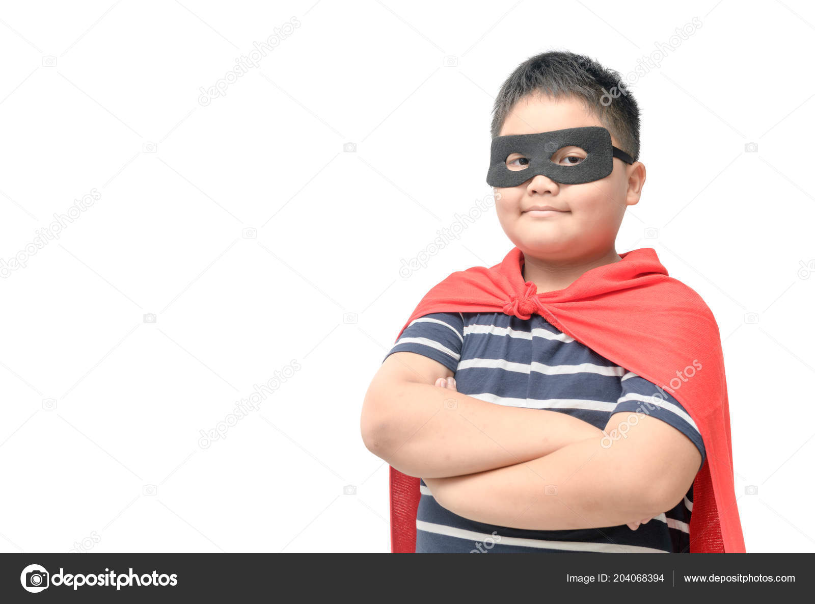 Fat Child Plays Superhero Isolated White Background Strong Power