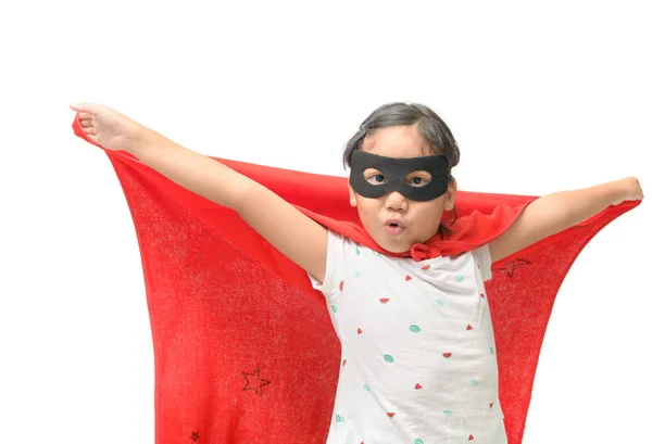 Criança Joga Super Herói Isolado Fundo Branco Conceito Poder Menina — Fotografia de Stock