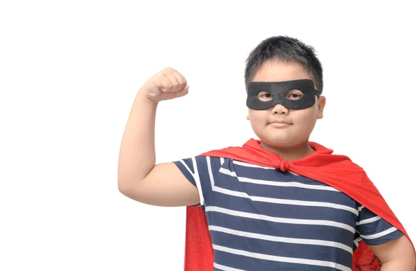 Superhéroe Chico Mostrar Los Músculos Aislados Sobre Fondo Blanco Con — Foto de Stock