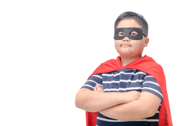 Niño Gordo Juega Superhéroe Aislado Sobre Fondo Blanco Concepto Poder — Foto de Stock