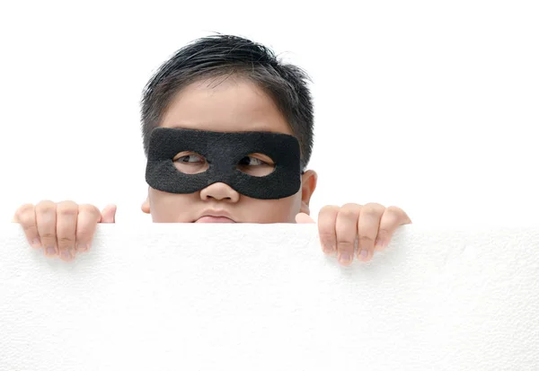 Niño Enmascarado Apareció Desde Abajo Con Una Expresión Sorpresa Aislada — Foto de Stock