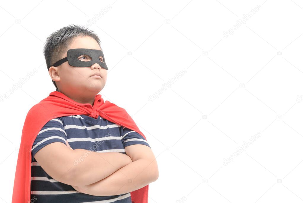 Fat child plays superhero isolated on white background, Boy power concept.
