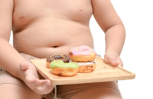 Menino Gordo Obeso Está Segurando Donut Isolado Fundo Branco Junk — Fotografia de Stock