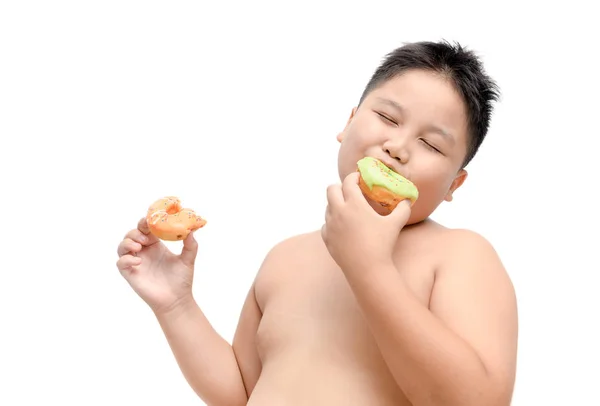 Menino Gordo Obeso Está Comendo Donut Isolado Fundo Branco Junk — Fotografia de Stock