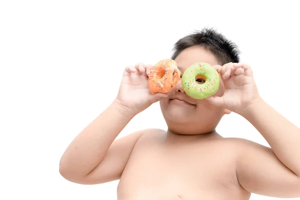 Obézní Tlustý Chlapec Jíst Kobliha Izolovaných Bílém Pozadí Nezdravé Jídlo — Stock fotografie
