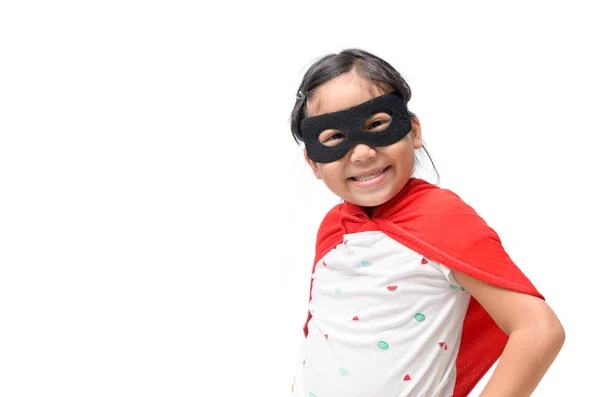 Criança Joga Super Herói Sorriso Isolado Fundo Branco Conceito Poder — Fotografia de Stock