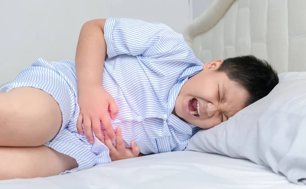 Asian Fat Child Suffering Stomachache Red Spot Indicating Location Pain — Stock Photo, Image
