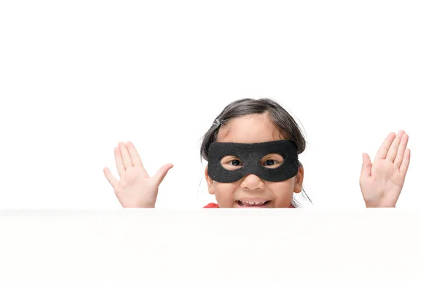 Superhrdina Dívka Schovává Bílý Nápis Deska Izolovaných Bílém Pozadí Kopií — Stock fotografie