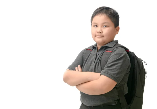 肥胖亚洲学生与书包被隔绝在白色背景 回到学校概念 — 图库照片