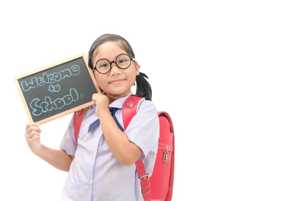 Cute Asian Student Showing Welcome School Chalkboard Isolated White Background — Stock Photo, Image