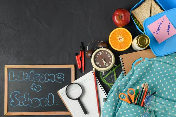 Scatola Pranzo Scuola Frutta Bambini Con Zaino Materiale Scolastico Torna — Foto Stock