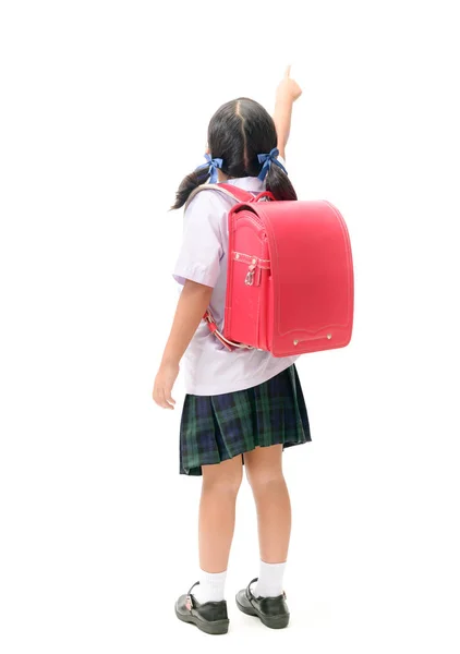 Lado Posterior Estudiante Asiático Con Bolsa Escuela Señalando Dedo Aislado —  Fotos de Stock