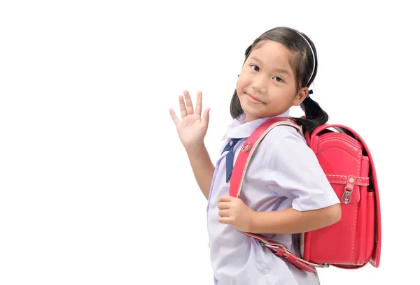 Menina Asiática Estudante Indo Para Escola Acenando Adeus Isolado Fundo — Fotografia de Stock