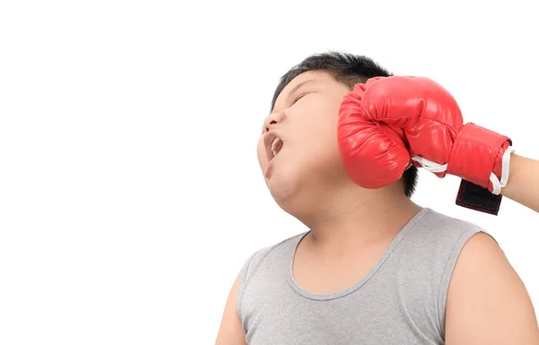 Fat Boy Getting Punch His Face Red Boxing Gloves Isolated — Stock Photo, Image
