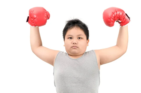 Boxeo Infantil Obeso Muestra Músculo Aislado Sobre Fondo Blanco Concepto — Foto de Stock