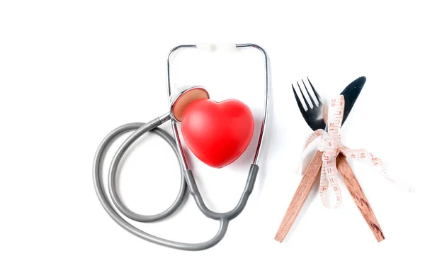 Red Heart Stethoscope Measuring Tape Fork Knife Isolated White Background — Stock Photo, Image