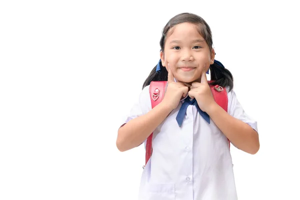 Ευτυχισμένη Μικρό Κορίτσι Φοιτητής Στέκεται Και Χαμόγελο Που Απομονώνονται Λευκό — Φωτογραφία Αρχείου