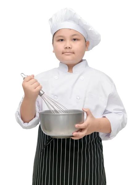 Retrato Menino Bonito Chef Segurar Batedor Com Chapéu Cozinheiro Avental — Fotografia de Stock