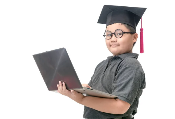 Estudante Inteligente Segurando Laptop Isolado Fundo Branco Volta Conceito Escola — Fotografia de Stock