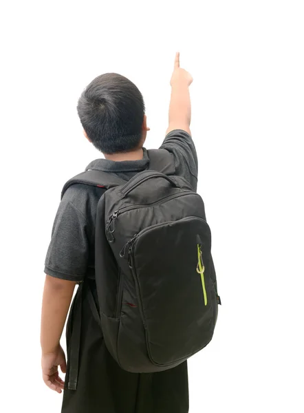 Rückseite Eines Asiatischen Schülers Mit Schultasche Die Mit Dem Finger — Stockfoto