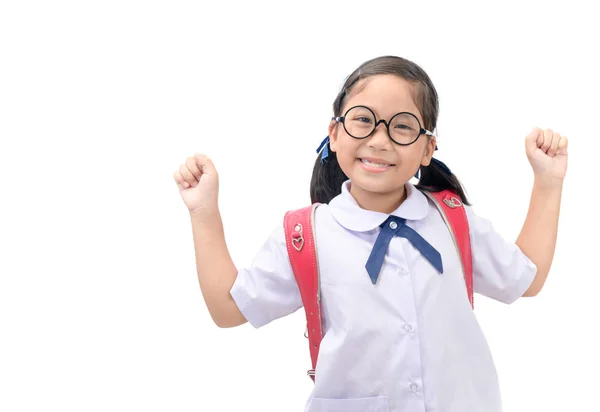 Ευτυχισμένη Μικρό Κορίτσι Φοιτητής Στέκεται Και Χαμόγελο Που Απομονώνονται Λευκό — Φωτογραφία Αρχείου