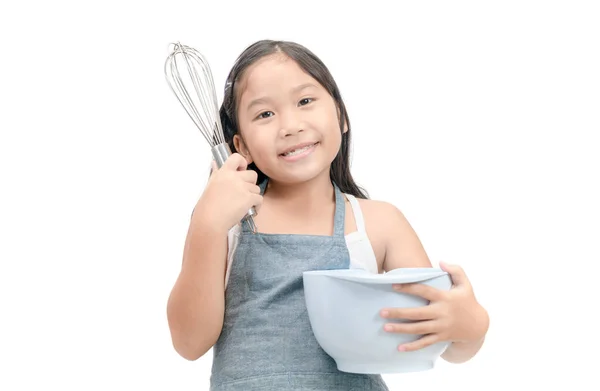 Bonito Ásia Menina Segurando Cozinhar Utensílios Isolado Branco Fundo — Fotografia de Stock