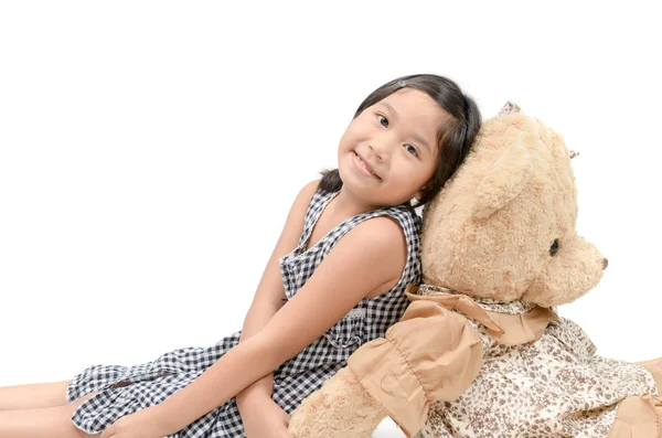 Schattig Meisje Zit Met Grote Teddy Beer Geïsoleerd Een Witte — Stockfoto