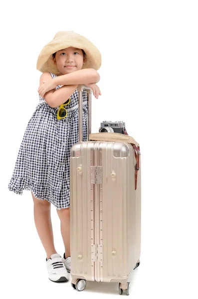 Szczęśliwy Azjatki Dla Podróżujących Bagażem Białym Tle Białym Tle Podróży — Zdjęcie stockowe