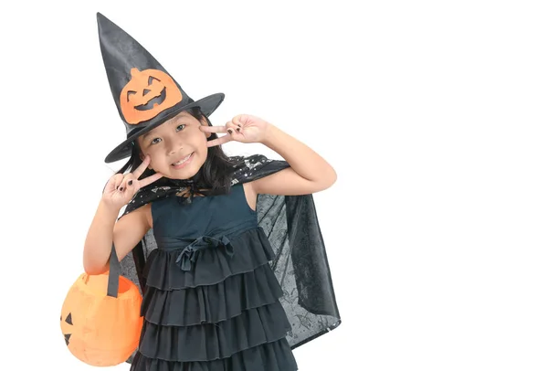 Funny Child Girl Witch Costume Halloween Pumpkin Jack Isolated White — Stock Photo, Image